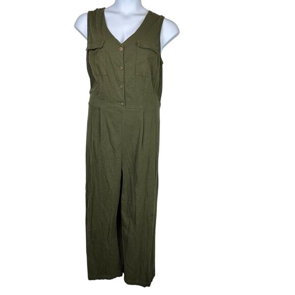 Monteau Olive Green Sleeveless Jumpsuit Linen Blend Size 2X - Picture 1 of 5
